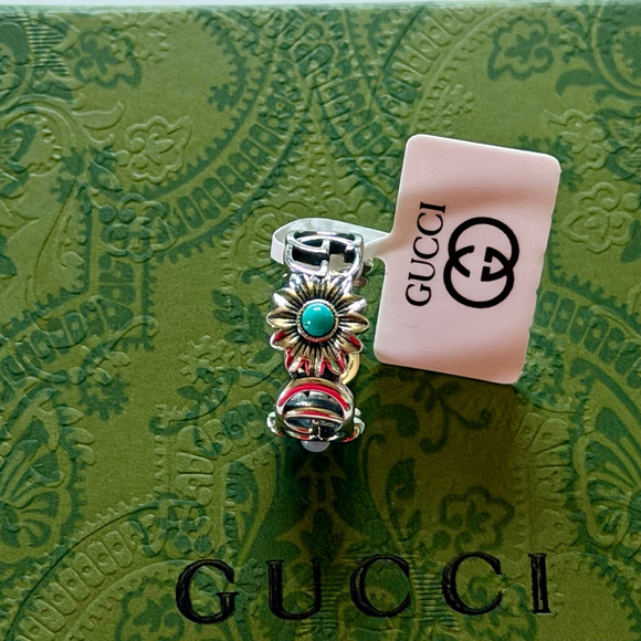 Gucci Green Gemstone Silver Ring Size 6 - Picture 4 of 6